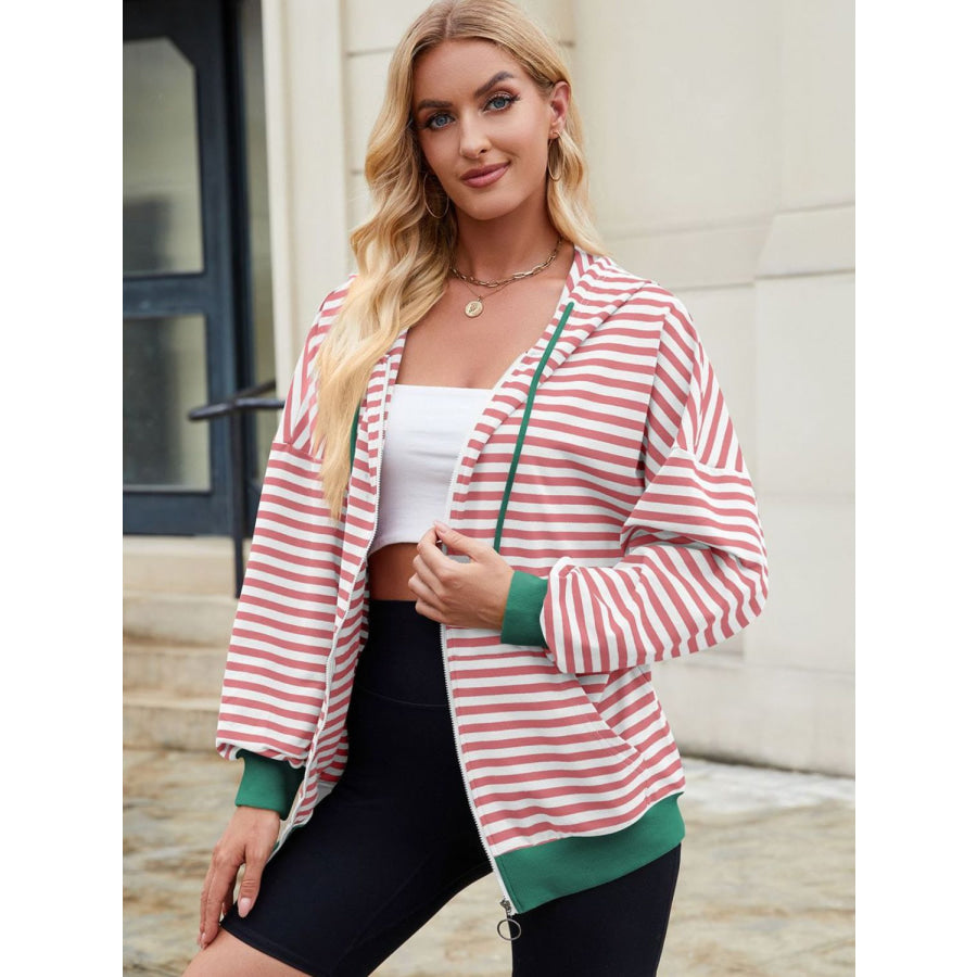 Drawstring Striped Zip Up Long Sleeve Hoodie Pink/White / S Apparel and Accessories