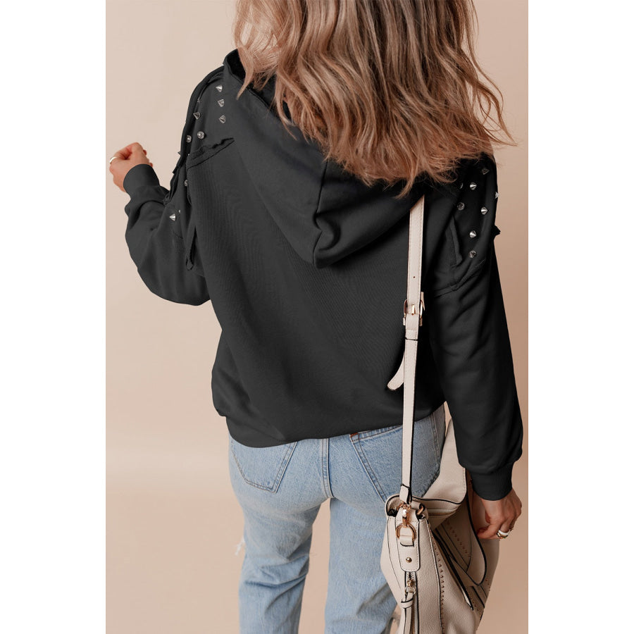 Drawstring Studded Long Sleeve Hoodie Apparel and Accessories