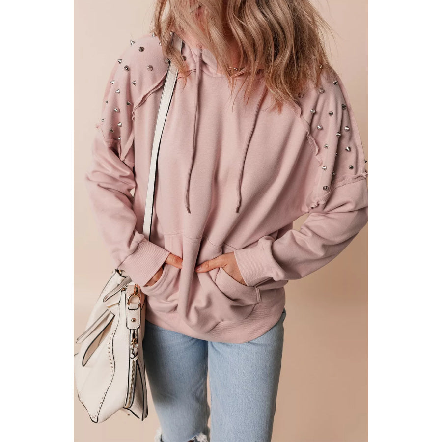 Drawstring Studded Shoulder Hoodie Apparel and Accessories