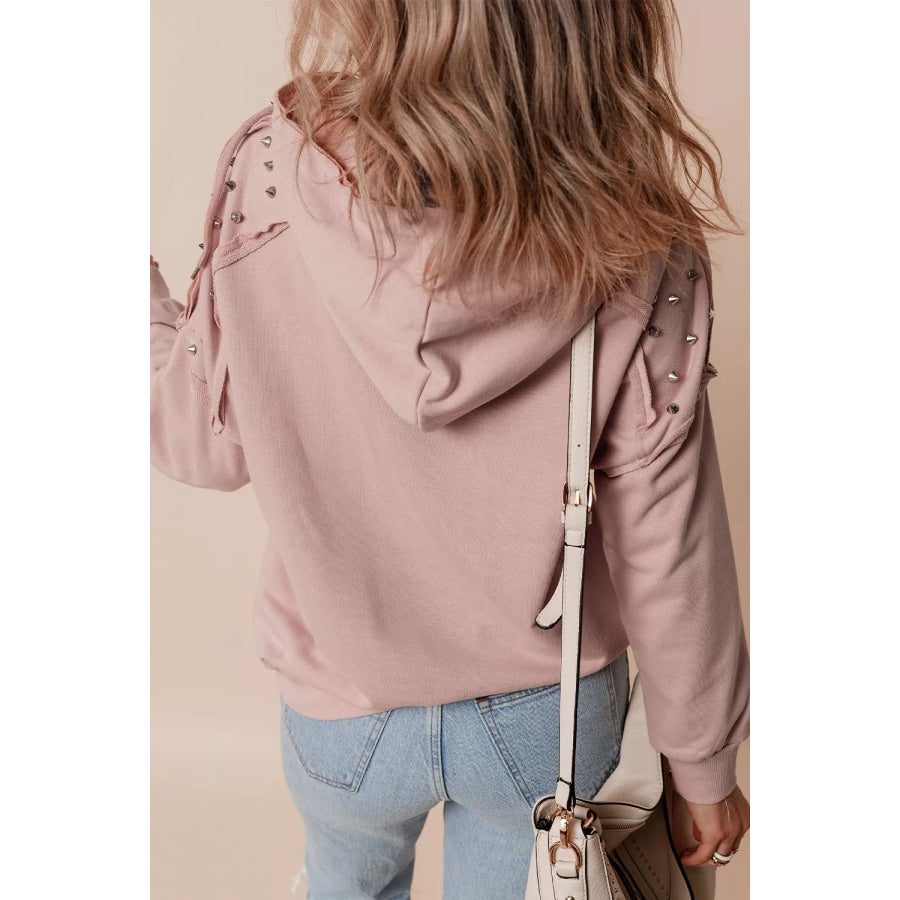 Drawstring Studded Shoulder Hoodie Apparel and Accessories