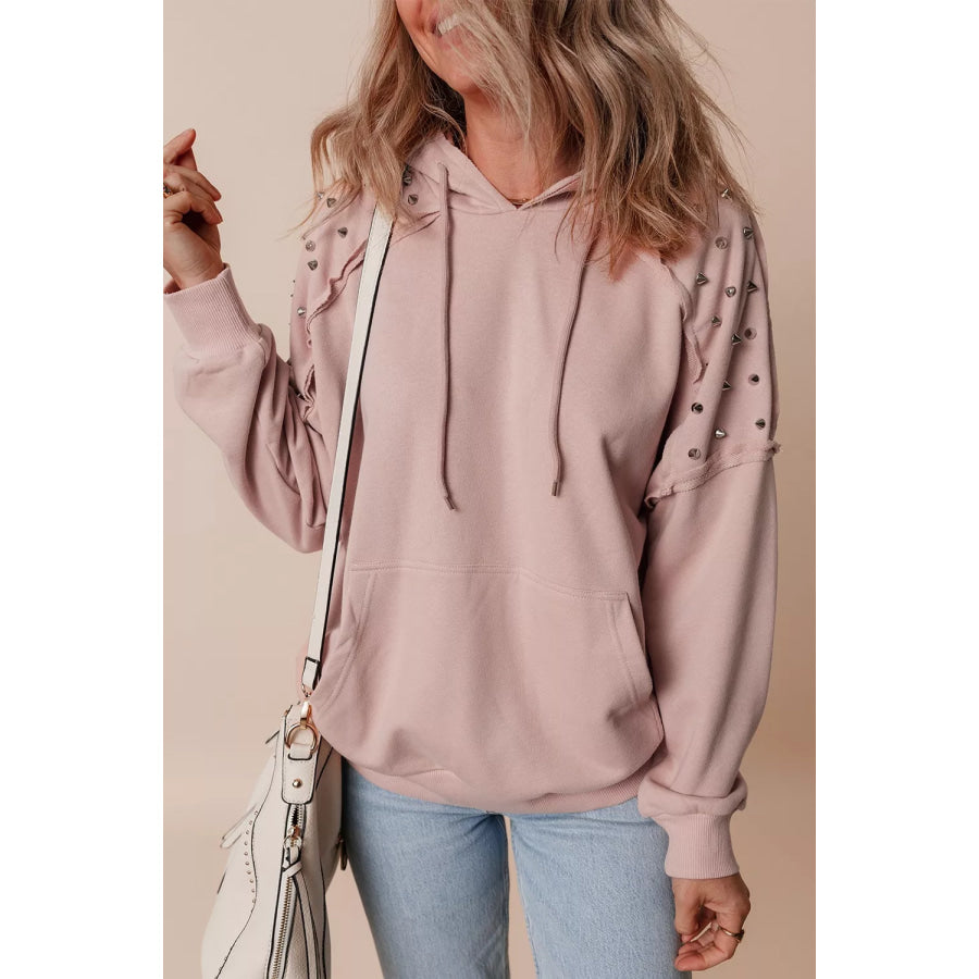 Drawstring Studded Shoulder Hoodie Apparel and Accessories