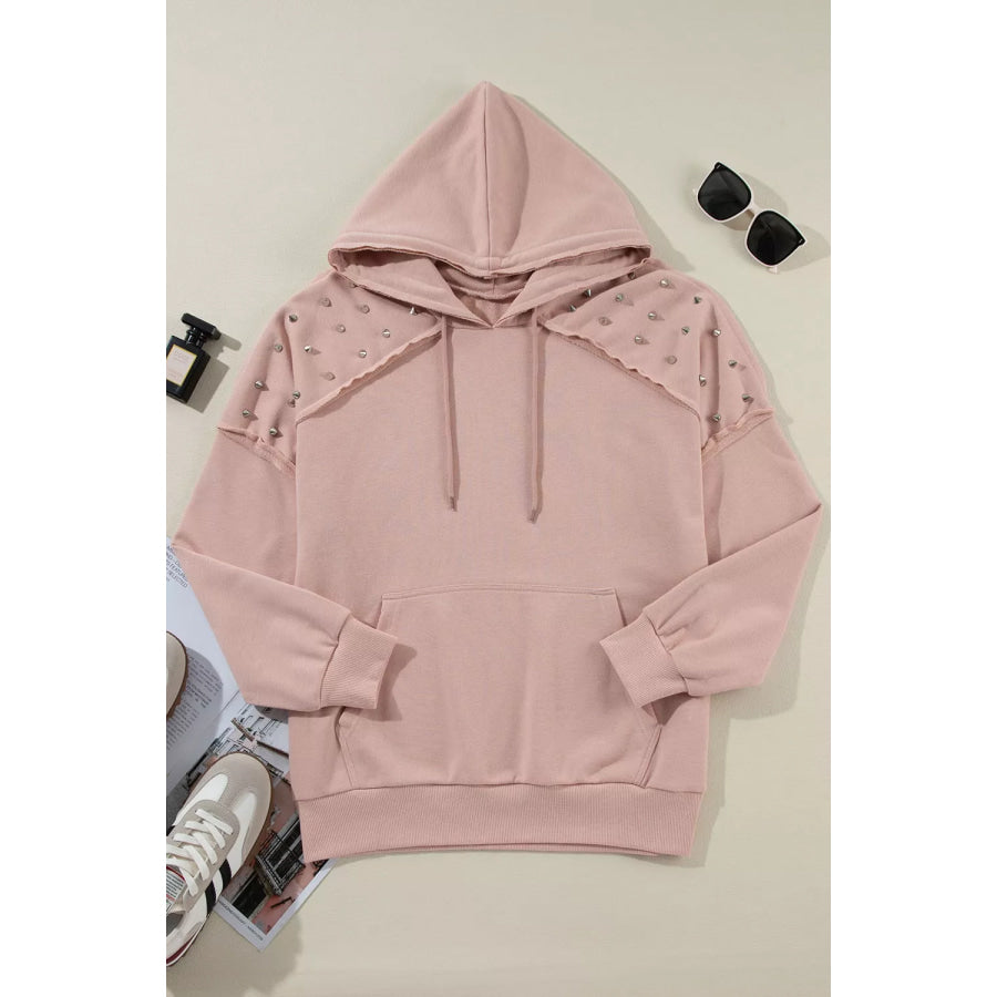 Drawstring Studded Shoulder Hoodie Apparel and Accessories