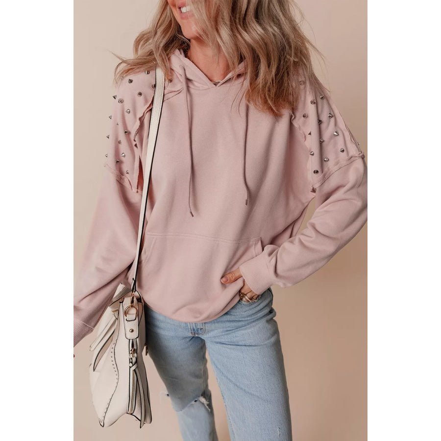 Drawstring Studded Shoulder Hoodie Dusty Pink / S Apparel and Accessories