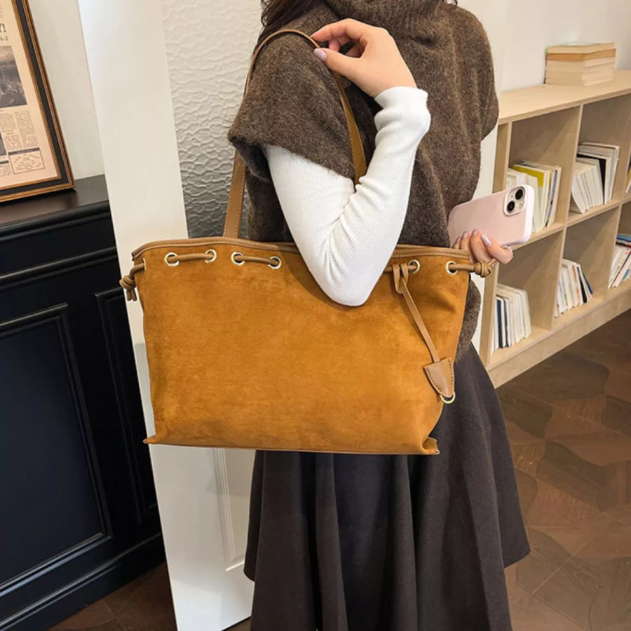 Drawstring Suede Shoulder Bag Brown / onesize Apparel and Accessories