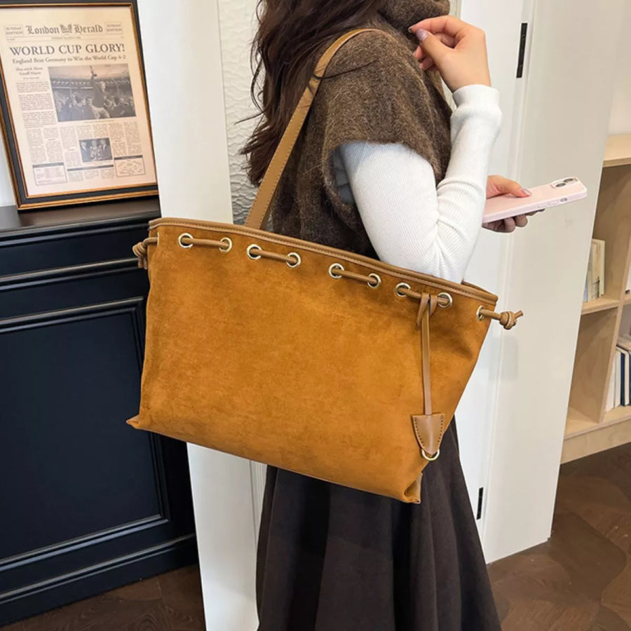 Drawstring Suede Shoulder Bag Brown / onesize Apparel and Accessories