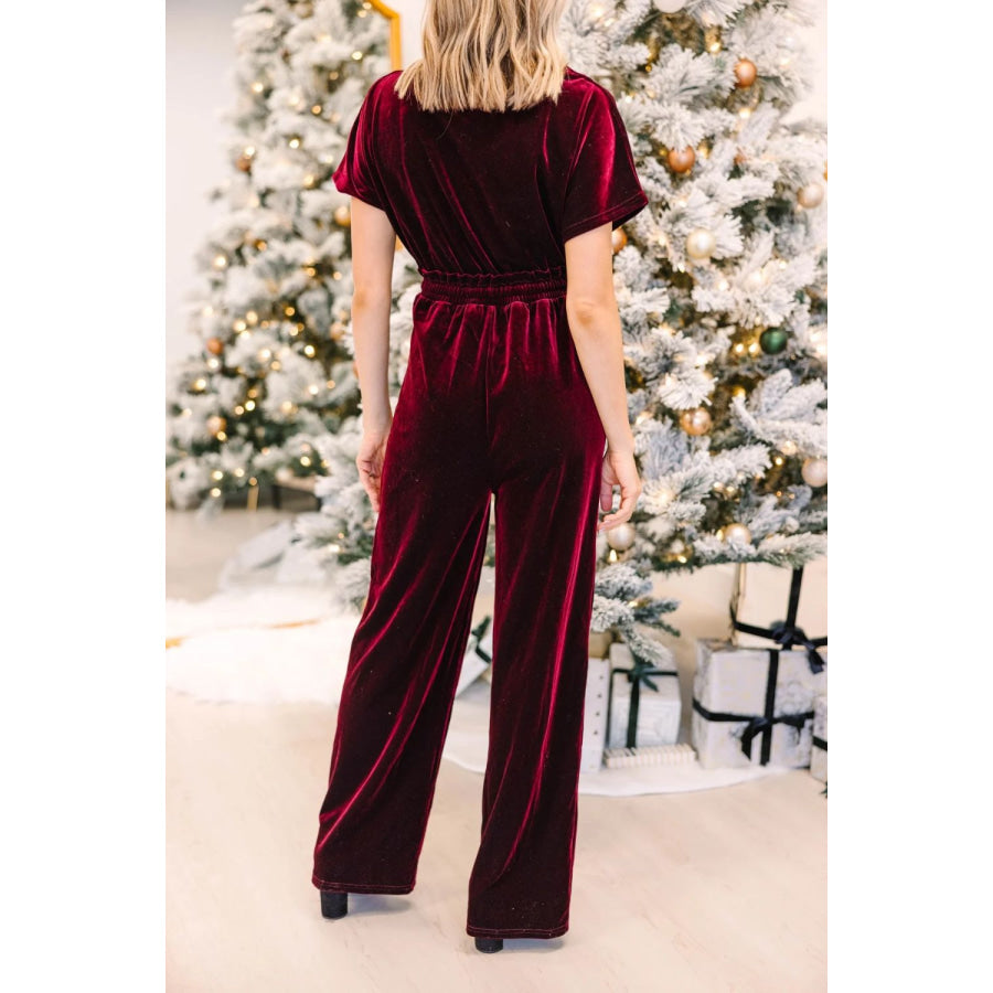 Drawstring Surplice Short Sleeve Jumpsuit Burgundy / S Apparel and Accessories