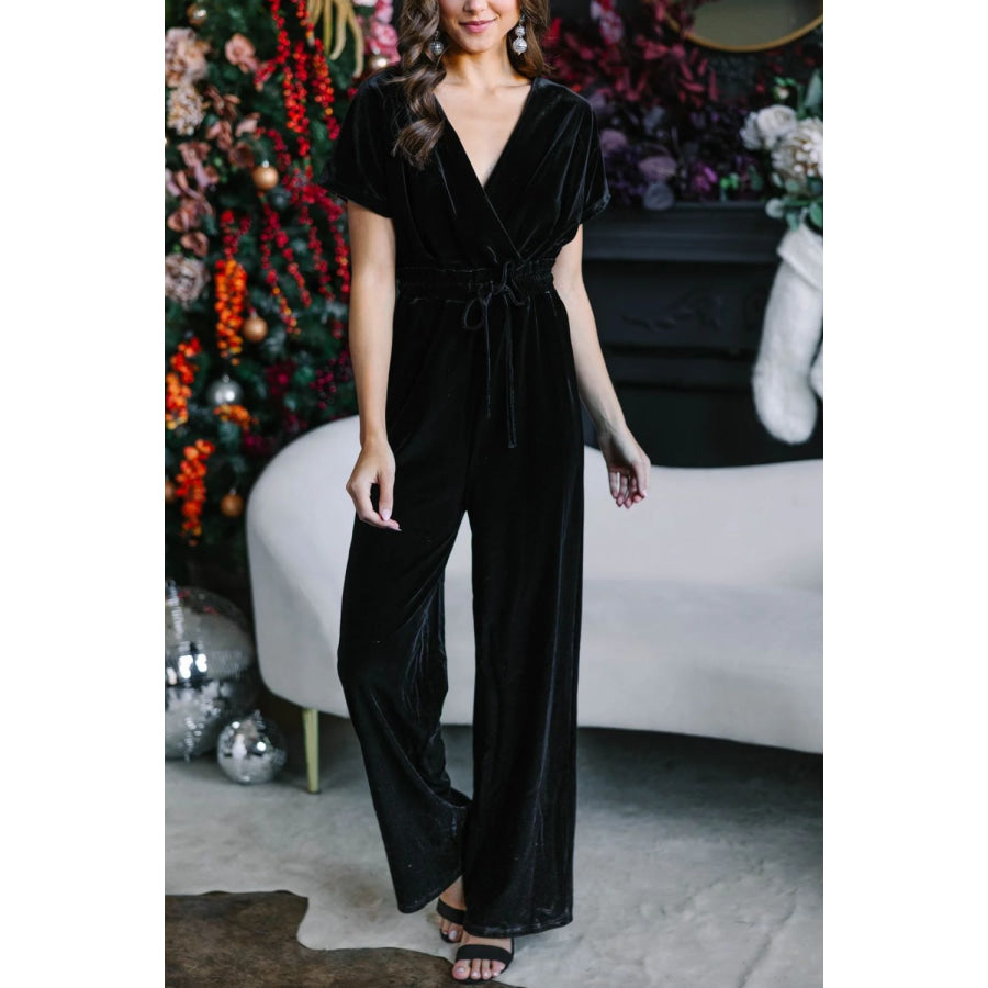 Drawstring Surplice Short Sleeve Jumpsuit Black / S Apparel and Accessories