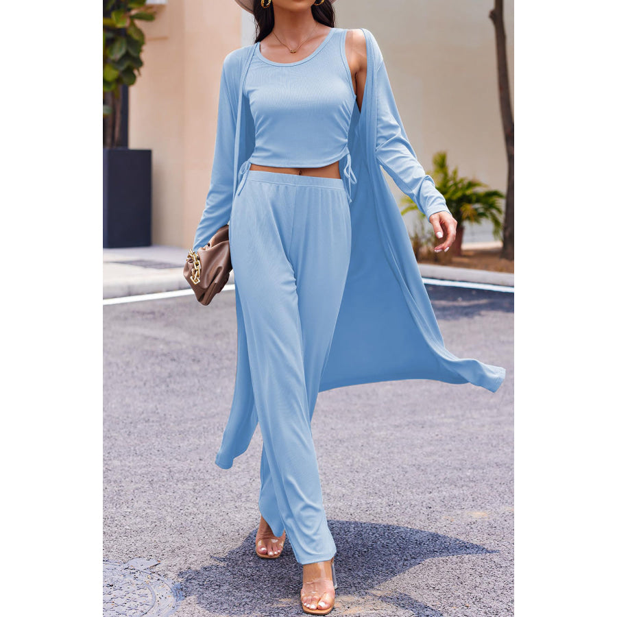 Drawstring Tank Long Sleeve Cover Up and Pants Set Apparel and Accessories