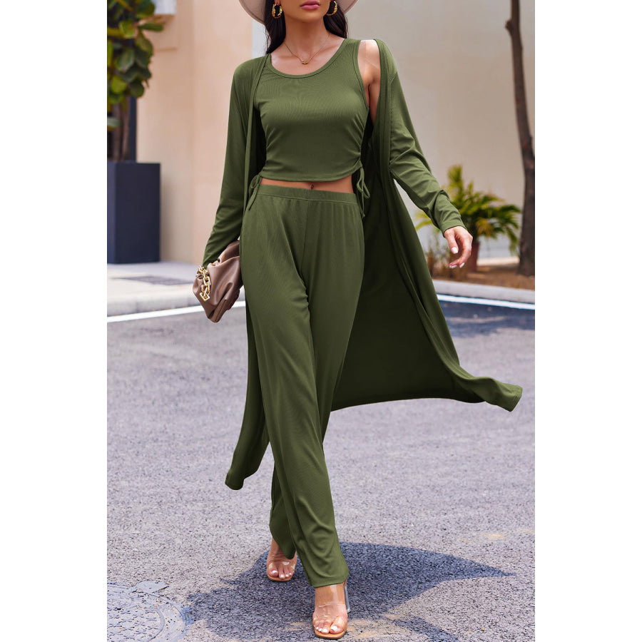 Drawstring Tank Long Sleeve Cover Up and Pants Set Apparel and Accessories