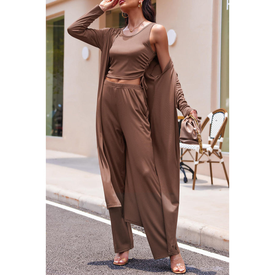 Drawstring Tank Long Sleeve Cover Up and Pants Set Apparel and Accessories