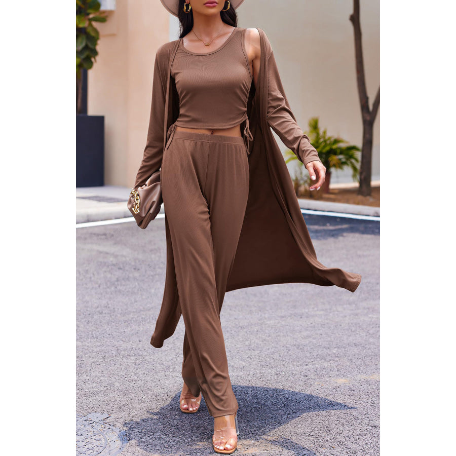 Drawstring Tank Long Sleeve Cover Up and Pants Set Apparel and Accessories