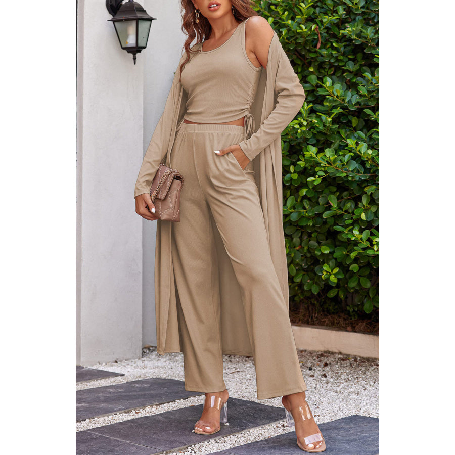 Drawstring Tank Long Sleeve Cover Up and Pants Set Apparel and Accessories