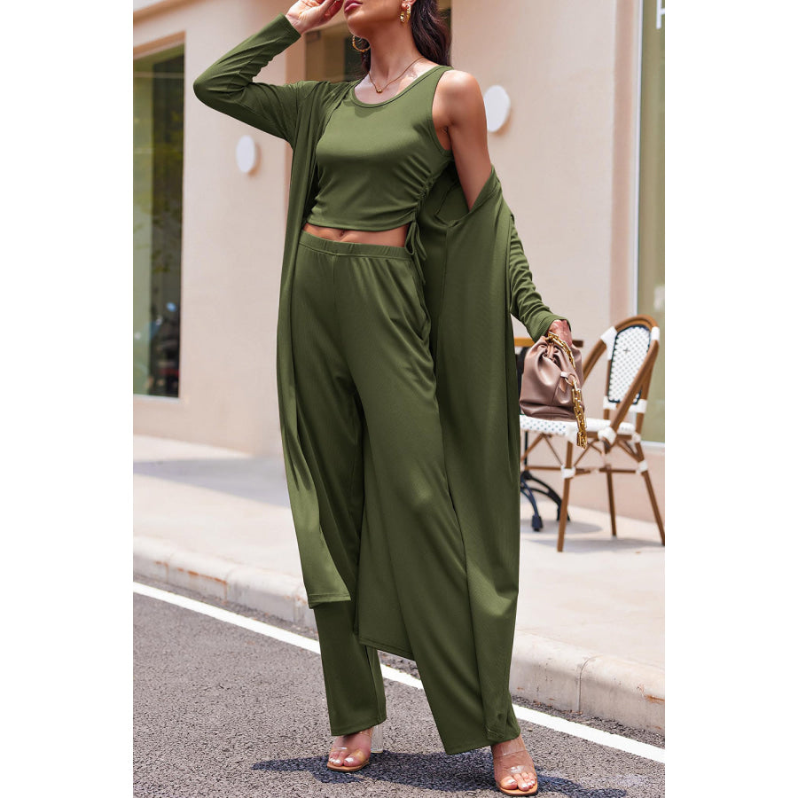 Drawstring Tank Long Sleeve Cover Up and Pants Set Apparel and Accessories