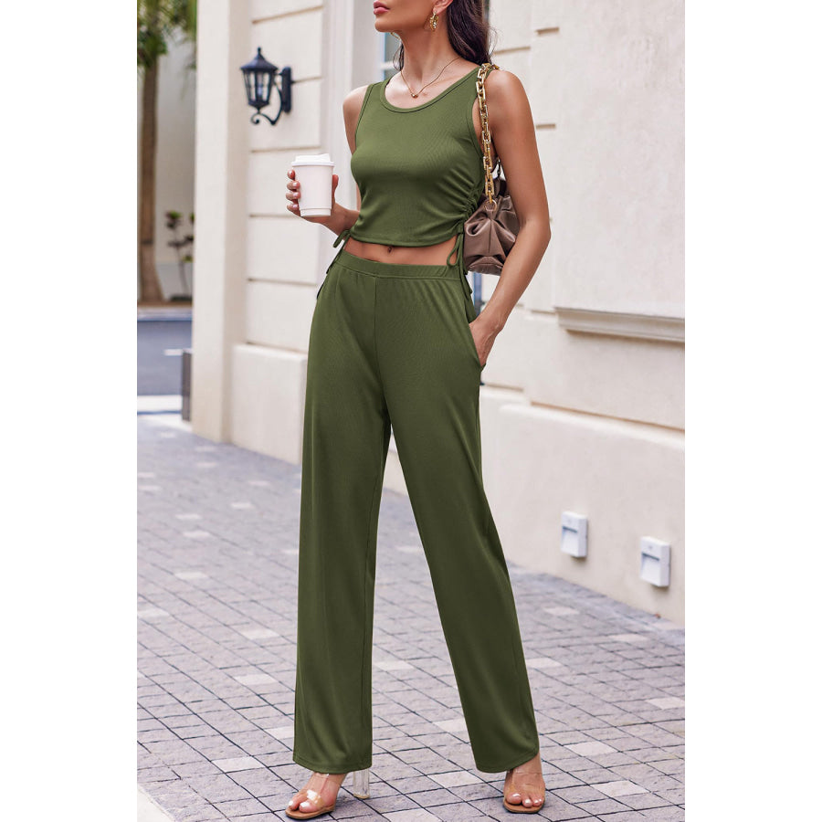 Drawstring Tank Long Sleeve Cover Up and Pants Set Army Green / S Apparel and Accessories