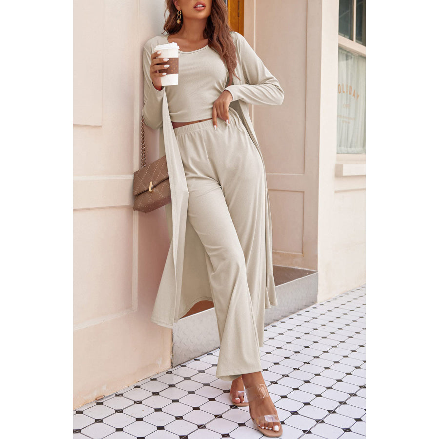 Drawstring Tank Long Sleeve Cover Up and Pants Set Beige / S Apparel and Accessories