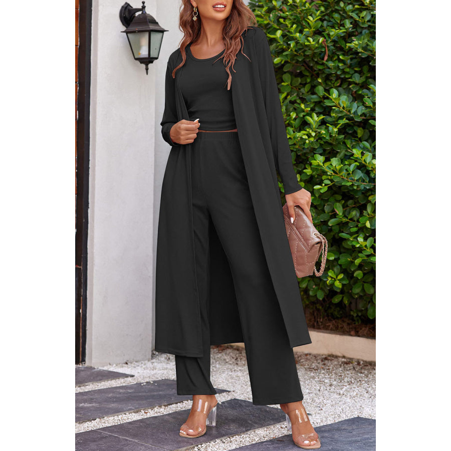 Drawstring Tank Long Sleeve Cover Up and Pants Set Black / S Apparel and Accessories