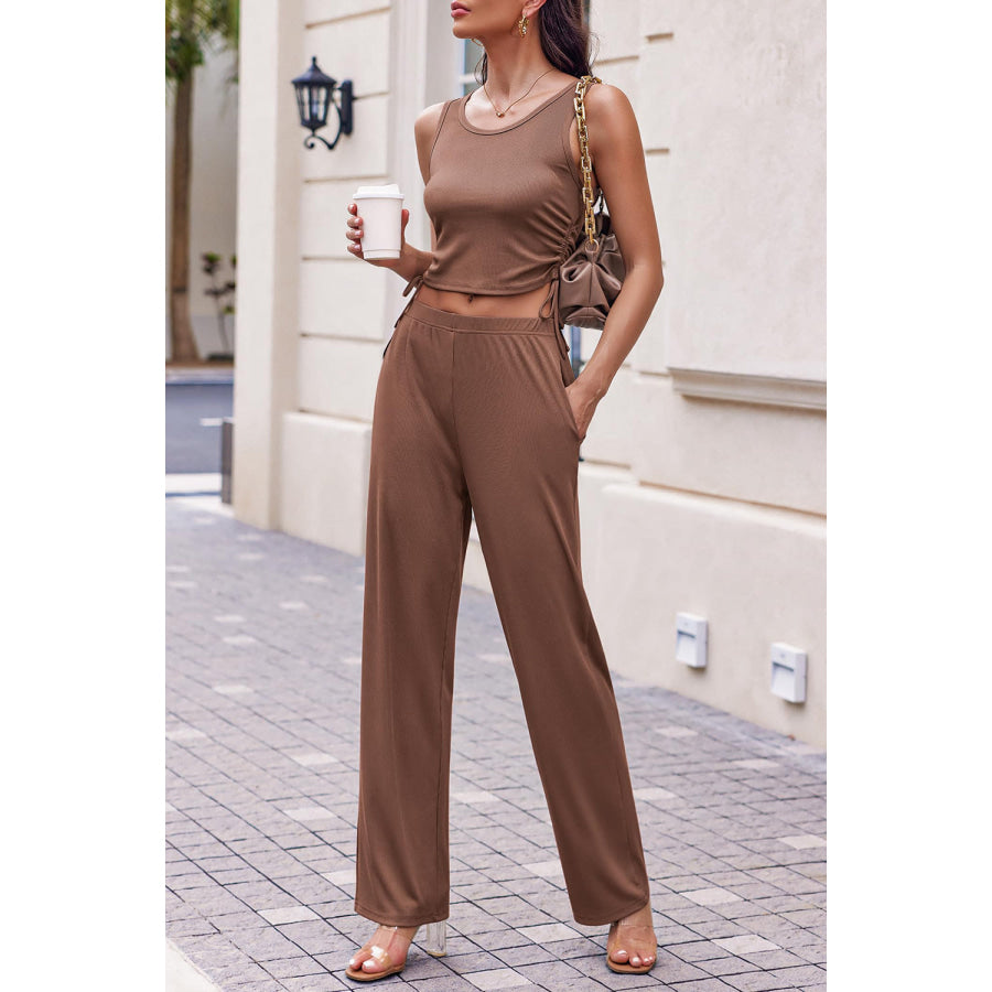 Drawstring Tank Long Sleeve Cover Up and Pants Set Brown / S Apparel and Accessories