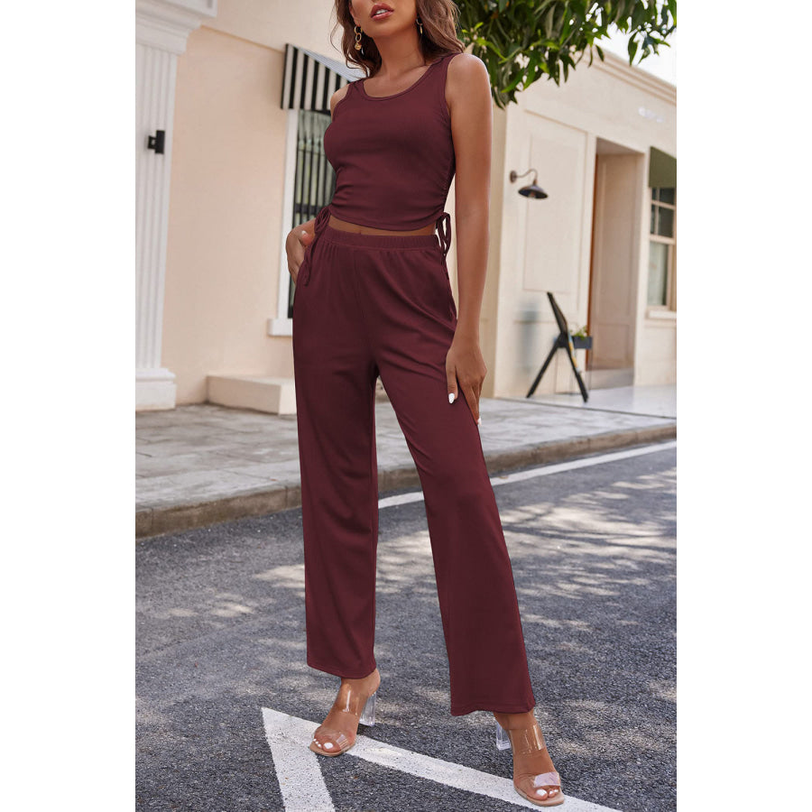 Drawstring Tank Long Sleeve Cover Up and Pants Set Burgundy / S Apparel and Accessories