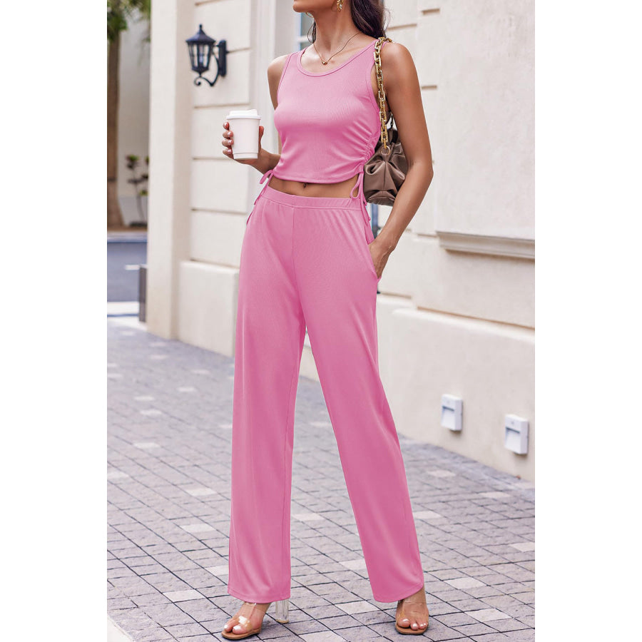 Drawstring Tank Long Sleeve Cover Up and Pants Set Fuchsia Pink / S Apparel and Accessories