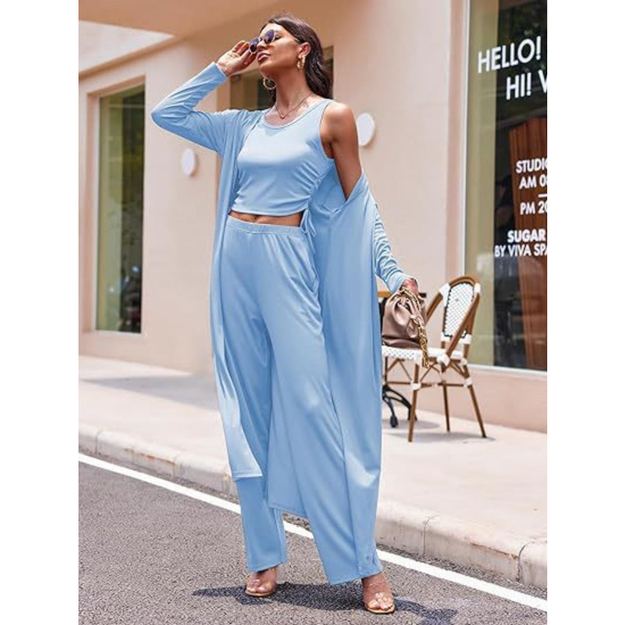 Drawstring Tank Long Sleeve Cover Up and Pants Set Light Blue / S Apparel and Accessories