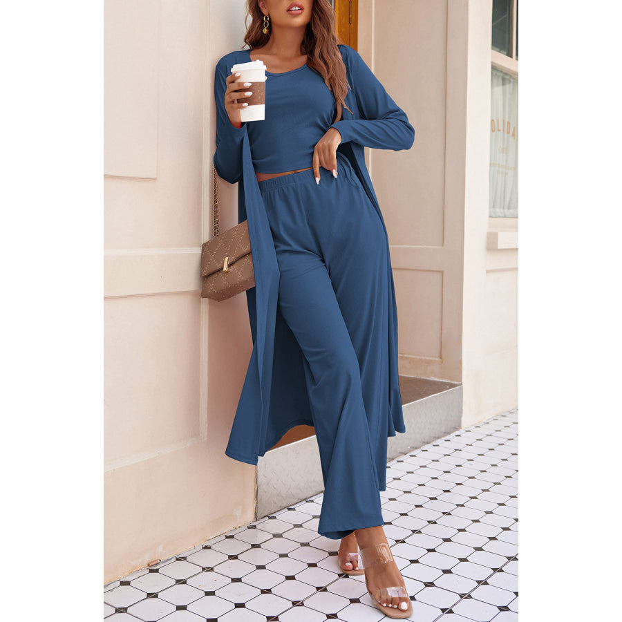 Drawstring Tank Long Sleeve Cover Up and Pants Set Navy / S Apparel and Accessories