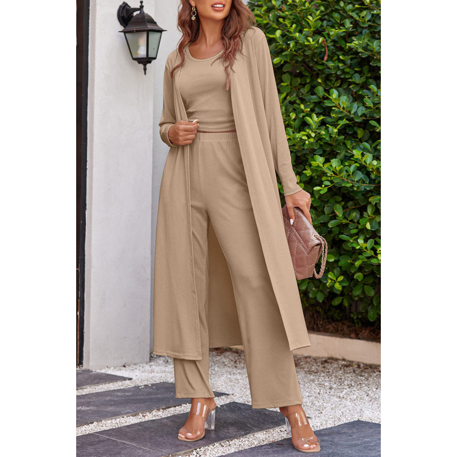 Drawstring Tank Long Sleeve Cover Up and Pants Set Tan / S Apparel and Accessories