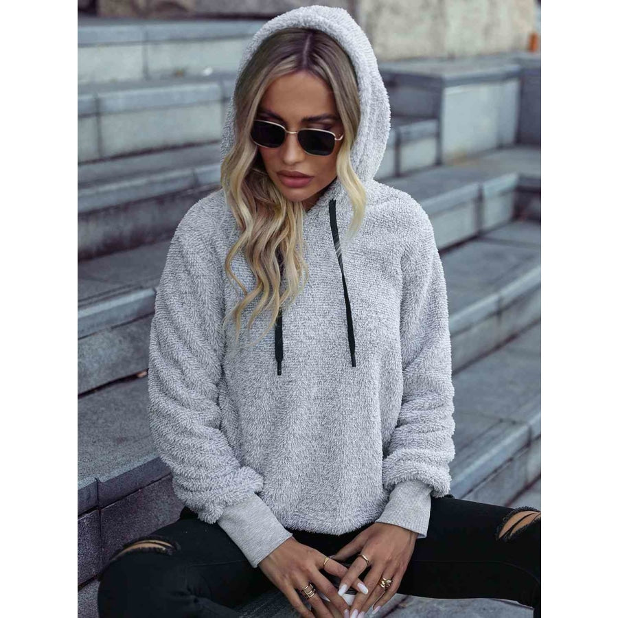 Drawstring Teddy Hoodie Light Gray / S