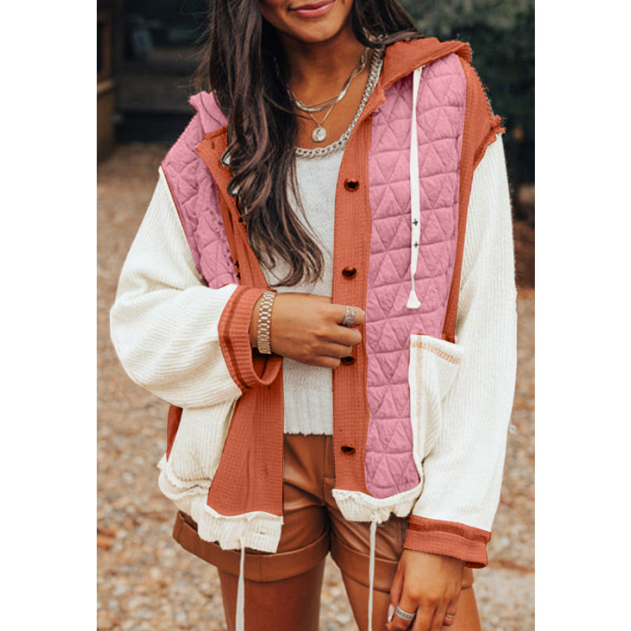 Drawstring Texture Button Up Long Sleeve Hooded Jacket Dusty Pink / M Apparel and Accessories