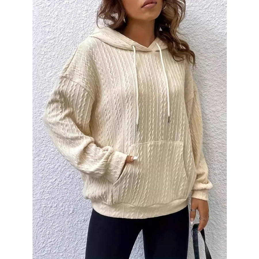 Drawstring Texture Long Sleeve Hoodie Tan / S Apparel and Accessories