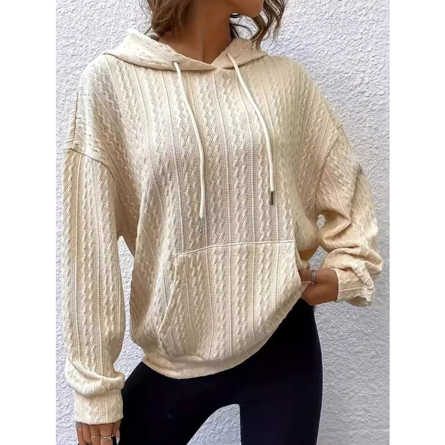 Drawstring Texture Long Sleeve Hoodie Tan / S Apparel and Accessories