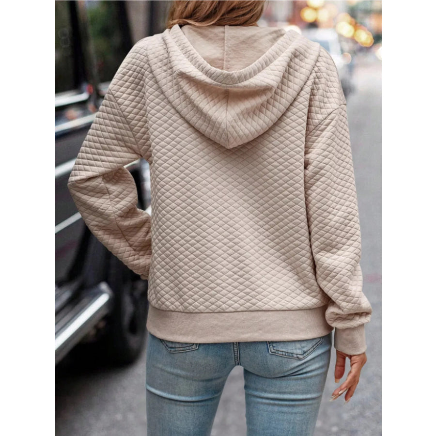 Drawstring Textured Dropped Shoulder Hoodie Apricot / S Apparel and Accessories