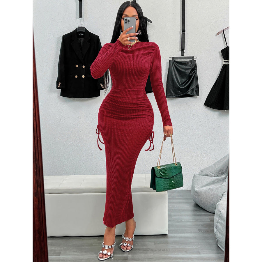 Drawstring Textured Long Sleeve Wrap Dress Apparel and Accessories