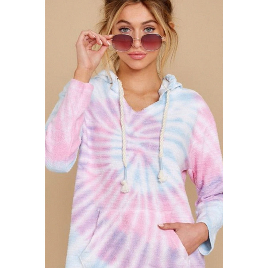 Drawstring Tie-Dye Long Sleeve Hoodie Apparel and Accessories