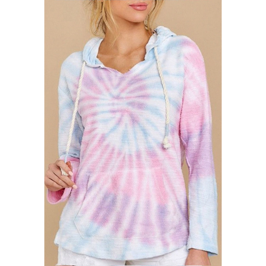 Drawstring Tie-Dye Long Sleeve Hoodie Blush Pink / S Apparel and Accessories