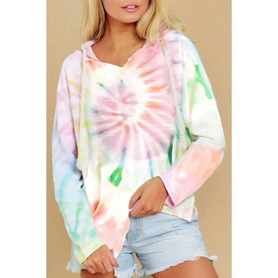 Drawstring Tie-Dye Long Sleeve Hoodie Light Green / S Apparel and Accessories