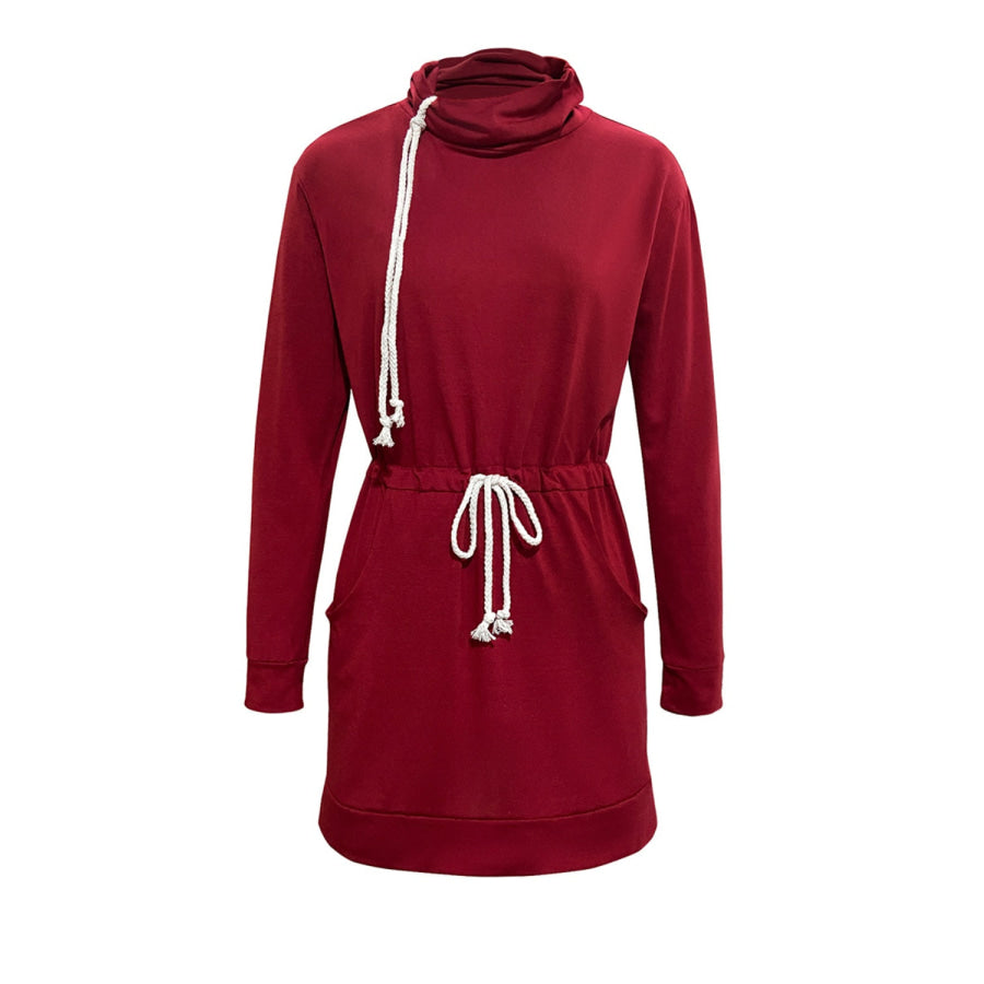 Drawstring Turtleneck Long Sleeve Mini Dress Apparel and Accessories