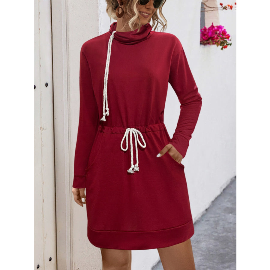 Drawstring Turtleneck Long Sleeve Mini Dress Burgundy / S Apparel and Accessories