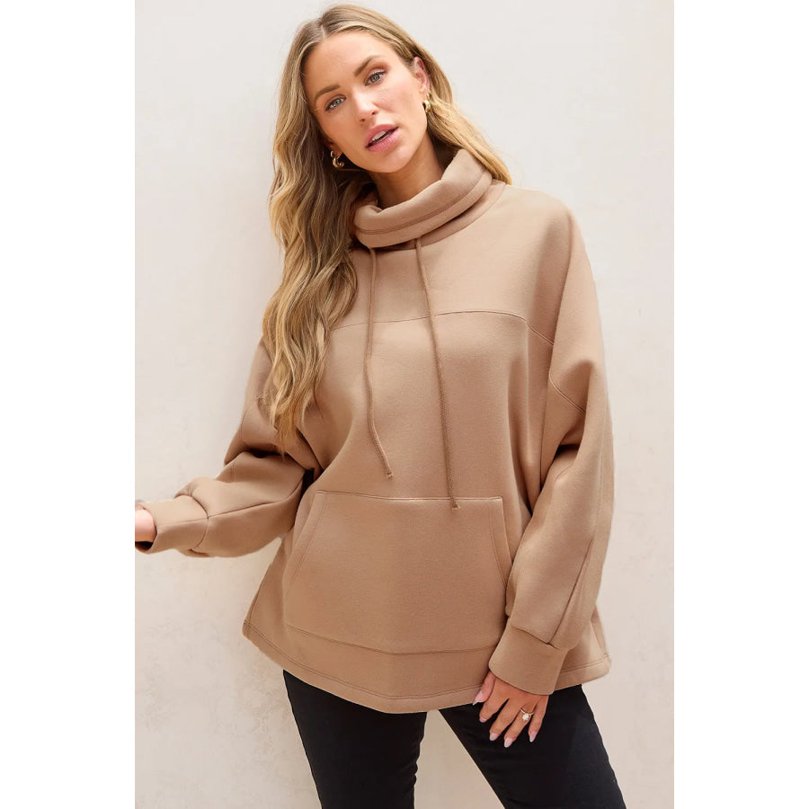 Drawstring Turtleneck Long Sleeve Sweatshirt Camel / S Apparel and Accessories