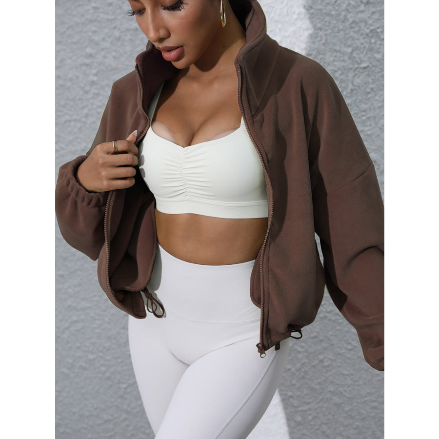 Drawstring Turtleneck Zip Up Long Sleeve Jacket Apparel and Accessories