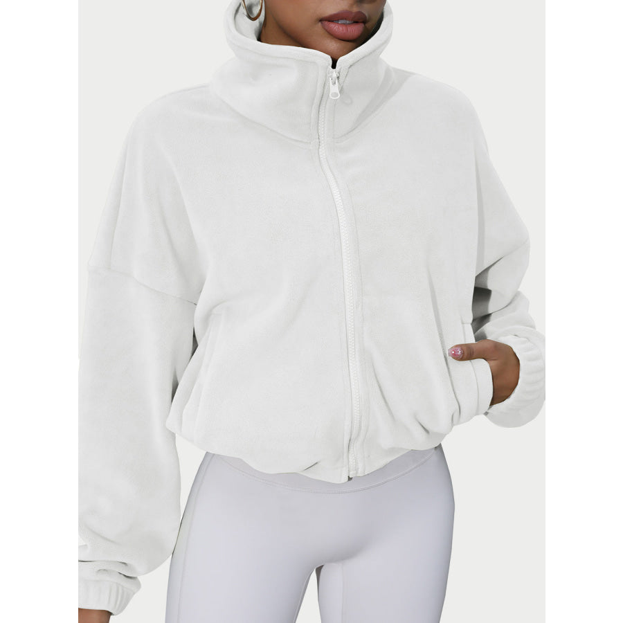 Drawstring Turtleneck Zip Up Long Sleeve Jacket Apparel and Accessories