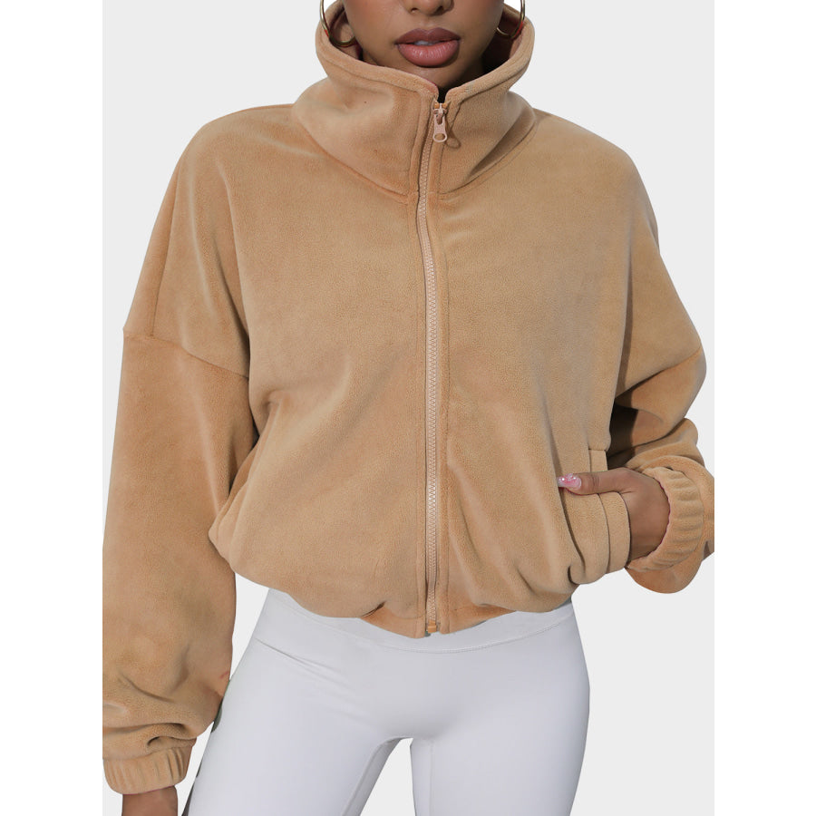 Drawstring Turtleneck Zip Up Long Sleeve Jacket Apparel and Accessories