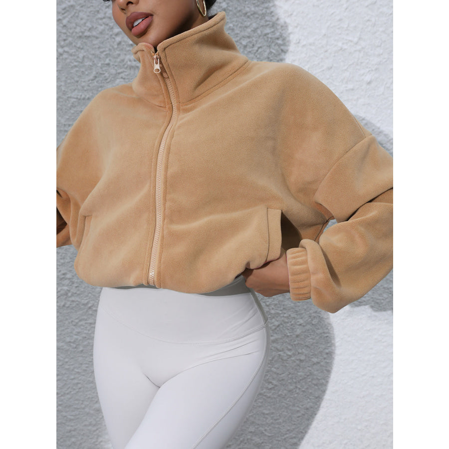 Drawstring Turtleneck Zip Up Long Sleeve Jacket Apparel and Accessories