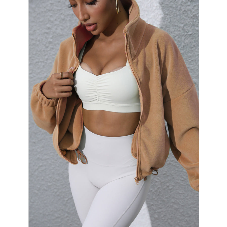 Drawstring Turtleneck Zip Up Long Sleeve Jacket Apparel and Accessories