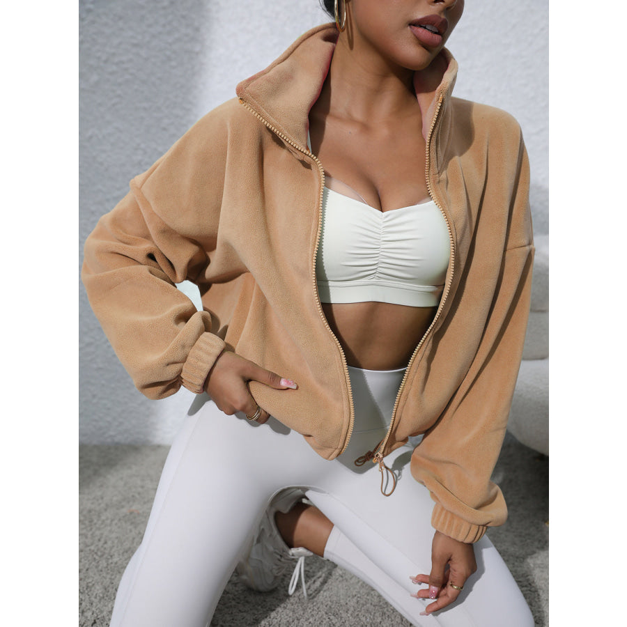 Drawstring Turtleneck Zip Up Long Sleeve Jacket Apparel and Accessories