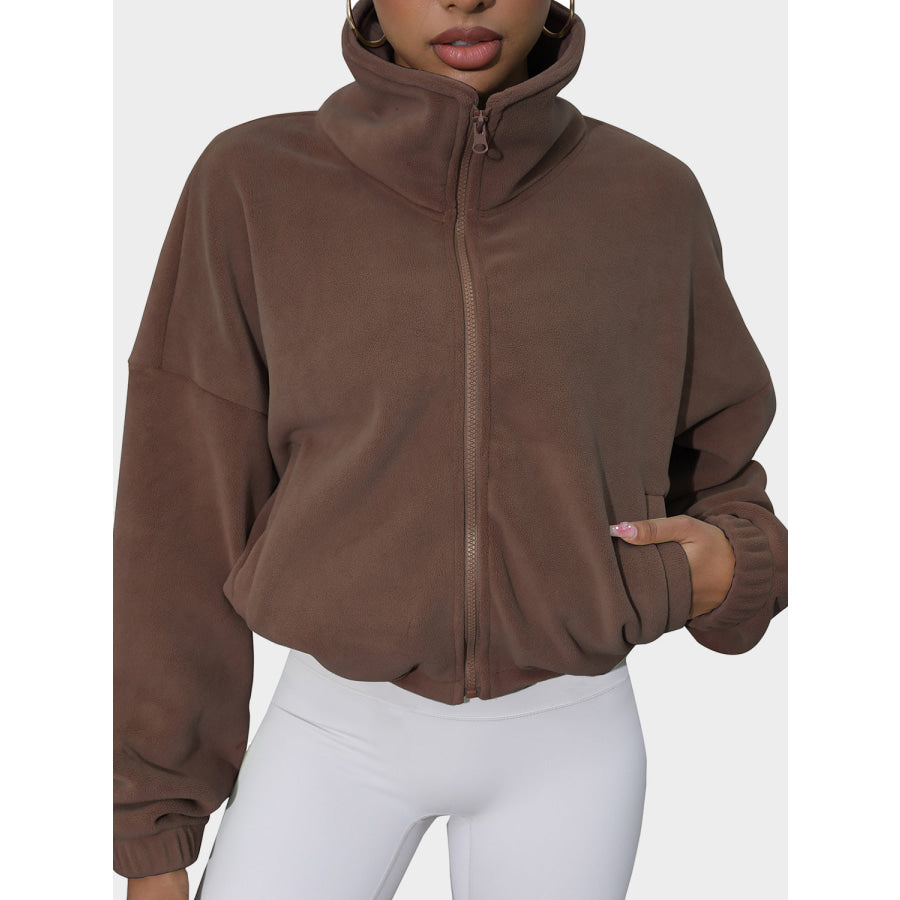 Drawstring Turtleneck Zip Up Long Sleeve Jacket Coffee Brown / S Apparel and Accessories