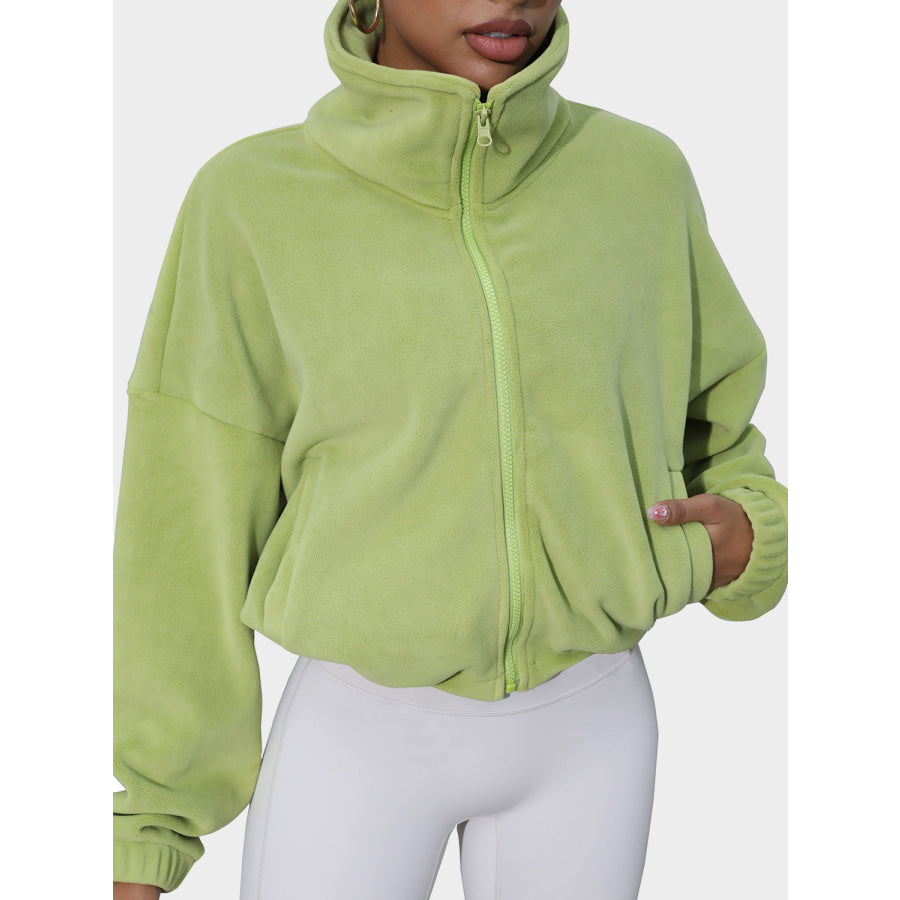 Drawstring Turtleneck Zip Up Long Sleeve Jacket Lime / S Apparel and Accessories