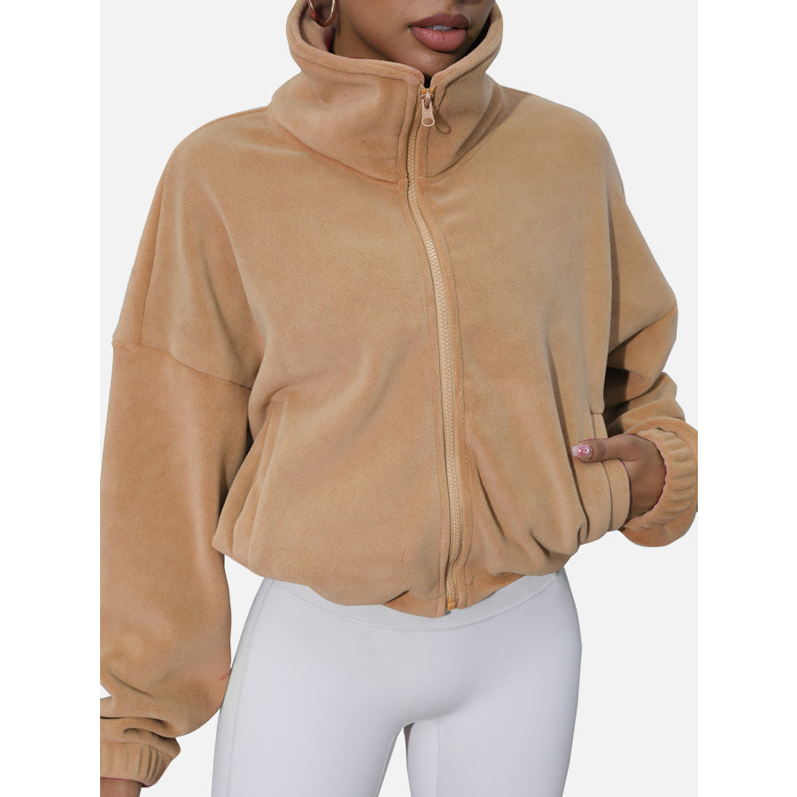 Drawstring Turtleneck Zip Up Long Sleeve Jacket Tan / S Apparel and Accessories