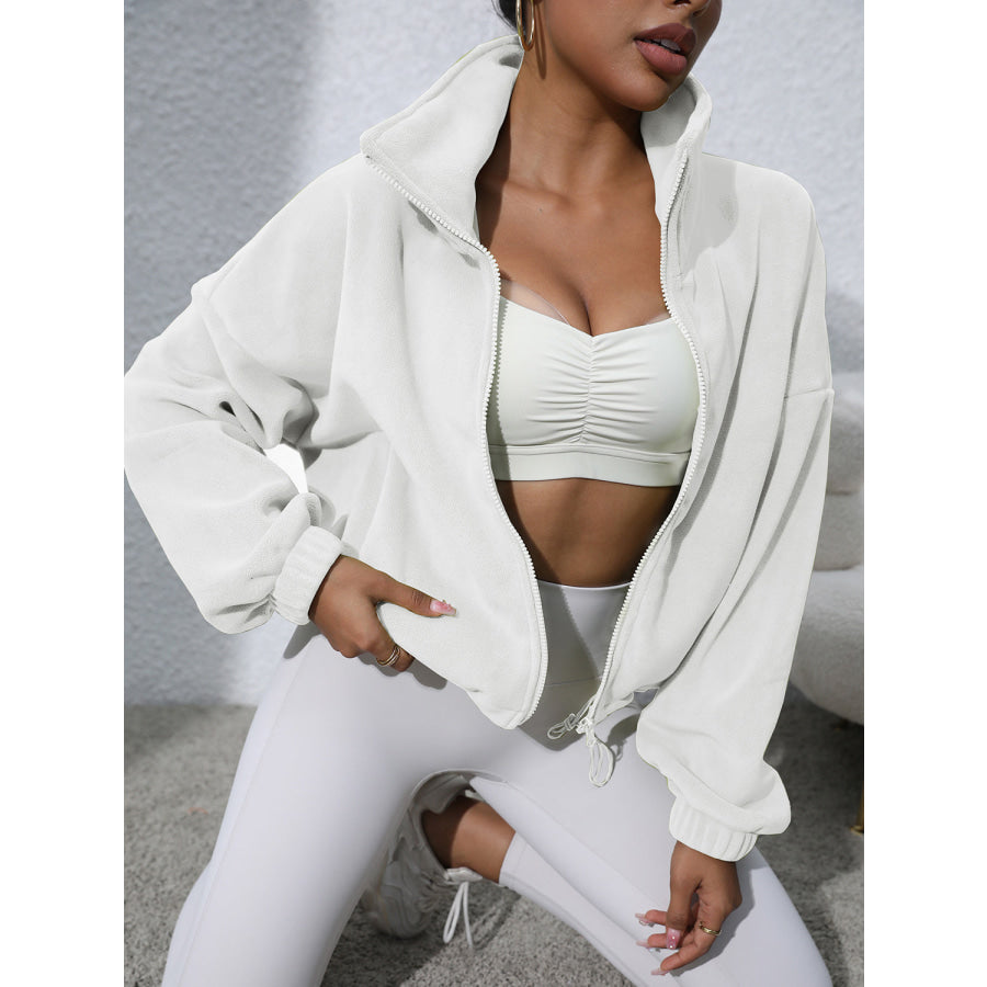 Drawstring Turtleneck Zip Up Long Sleeve Jacket White / S Apparel and Accessories