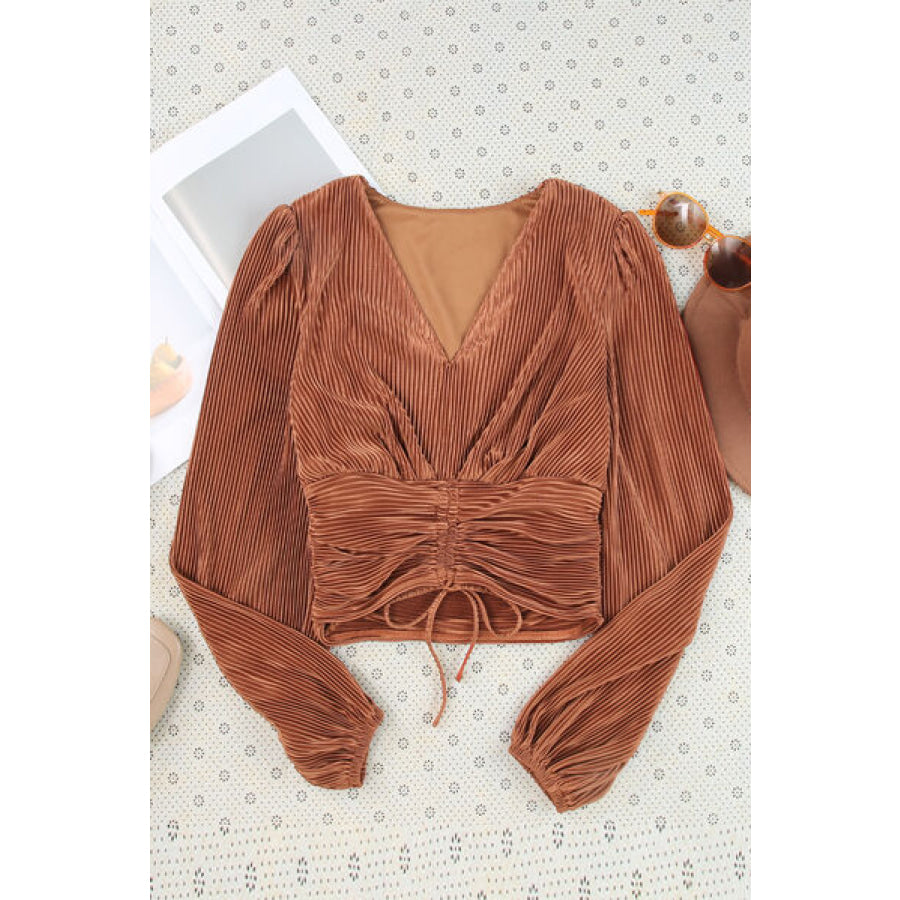 Drawstring V - Neck Balloon Sleeve Blouse Apparel and Accessories