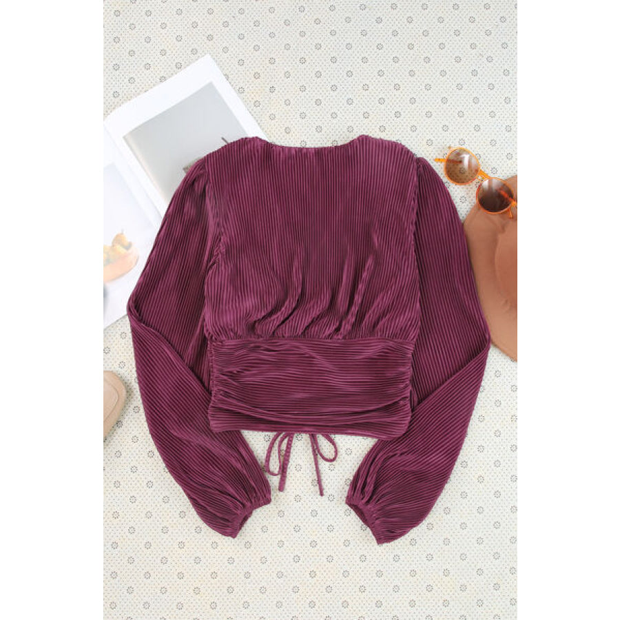 Drawstring V - Neck Balloon Sleeve Blouse Apparel and Accessories